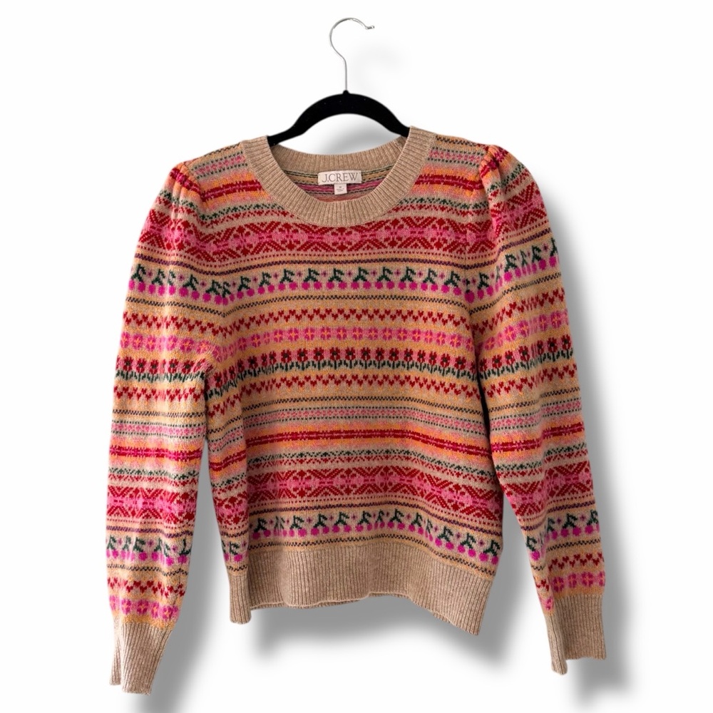 J. Crew Cream Fair Isle Crewneck Sweater with Pink, Red & Green Accents - Picture 2 of 9